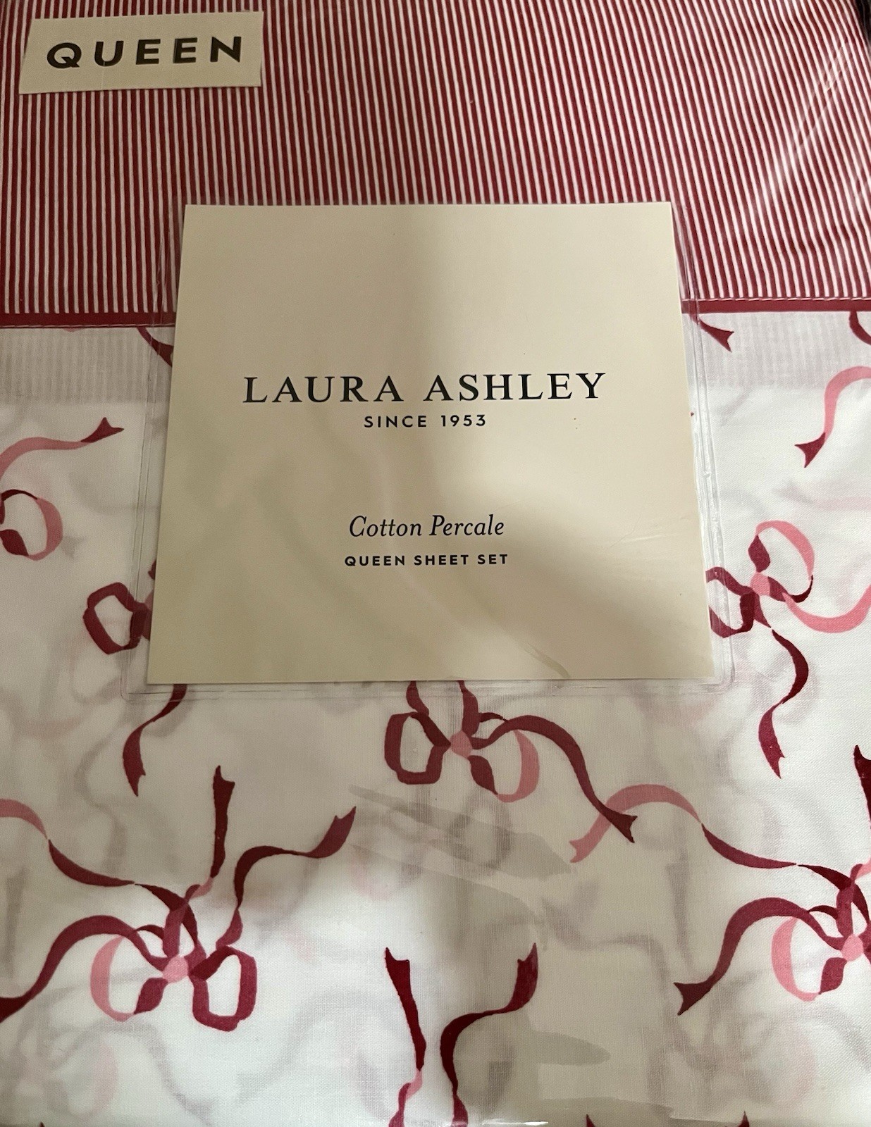 Laura Ashley QUEEN Sheet Set Red /Pink Trailing Bows Crisp Cotton Percale New