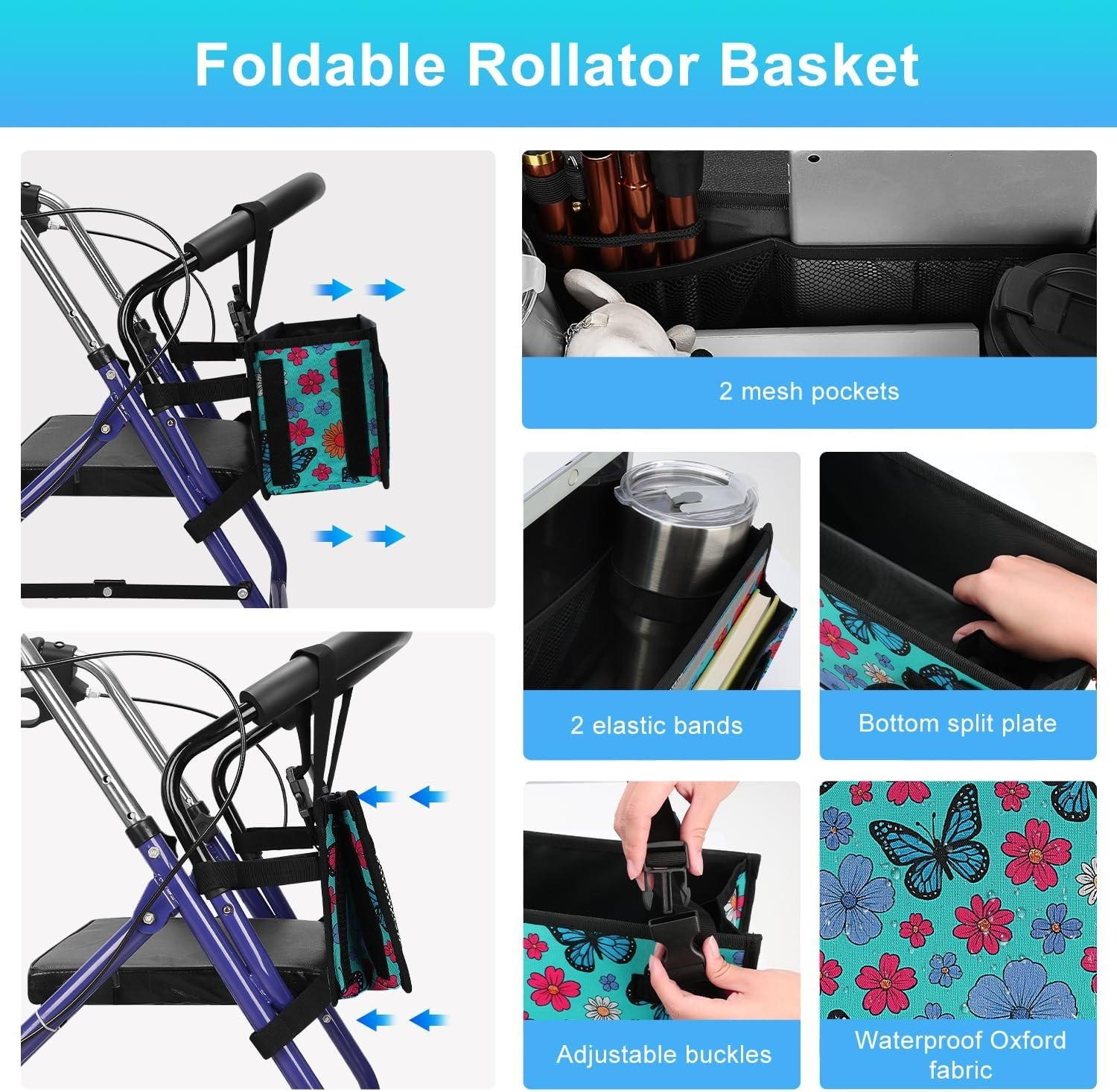 Rollator Basket, Rollator Walker Bag w/Cup Holder, Foldable Rolling Walker Wa...