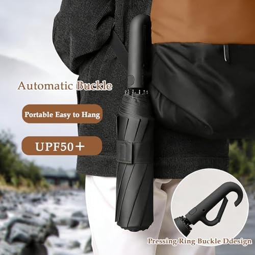 Windproof Umbrella, Compact Reverse Folding with Carabiner Handle, UV & Black