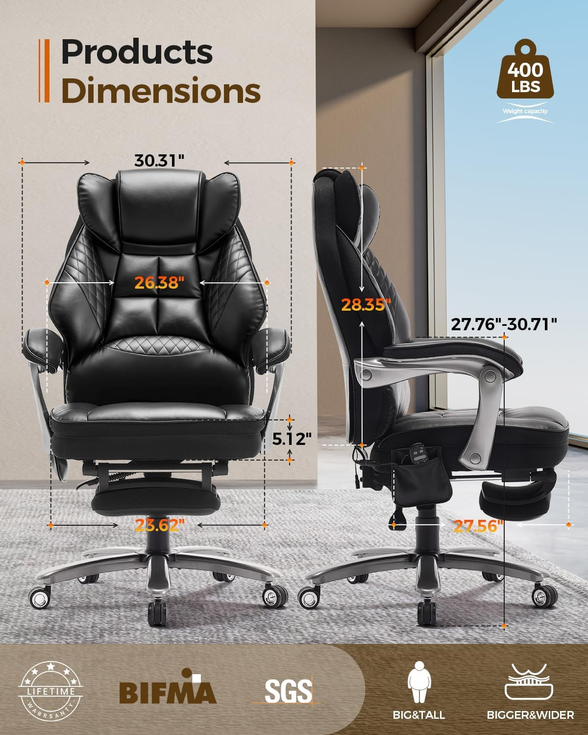 600LBS Big and Tall Office Chair with Massage and Heat, 23.5" Wide Leather Offic