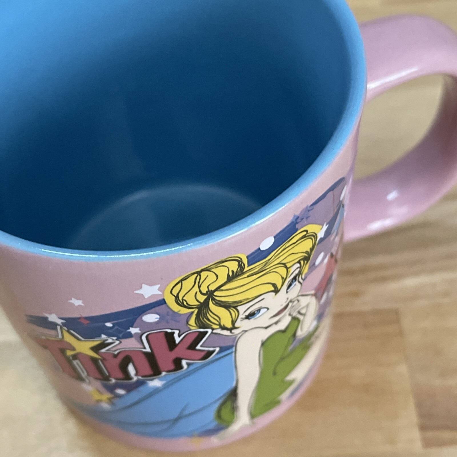 Retro Disney Tinkerbell Coffee Cup "Tink" 14 Oz Pink Blue Ceramic Mug 80's