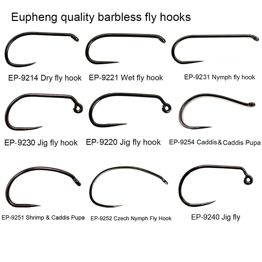 Eupheng 50pc Competition Barbless Fly Fish Hook Tying Dry Nymph Shirmp Caddis