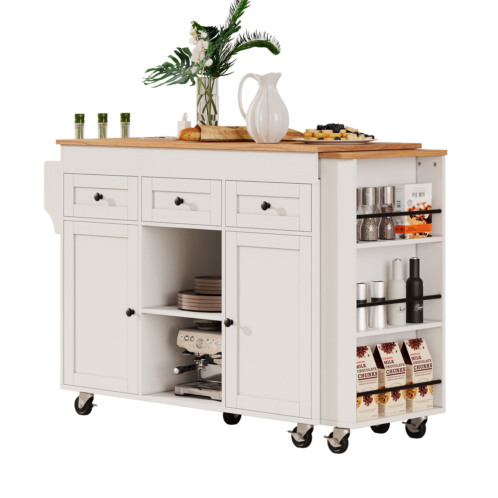 White Kitchen Island with Extendable Dining Table, 3 Drawers, 2 Doors, 85.5"