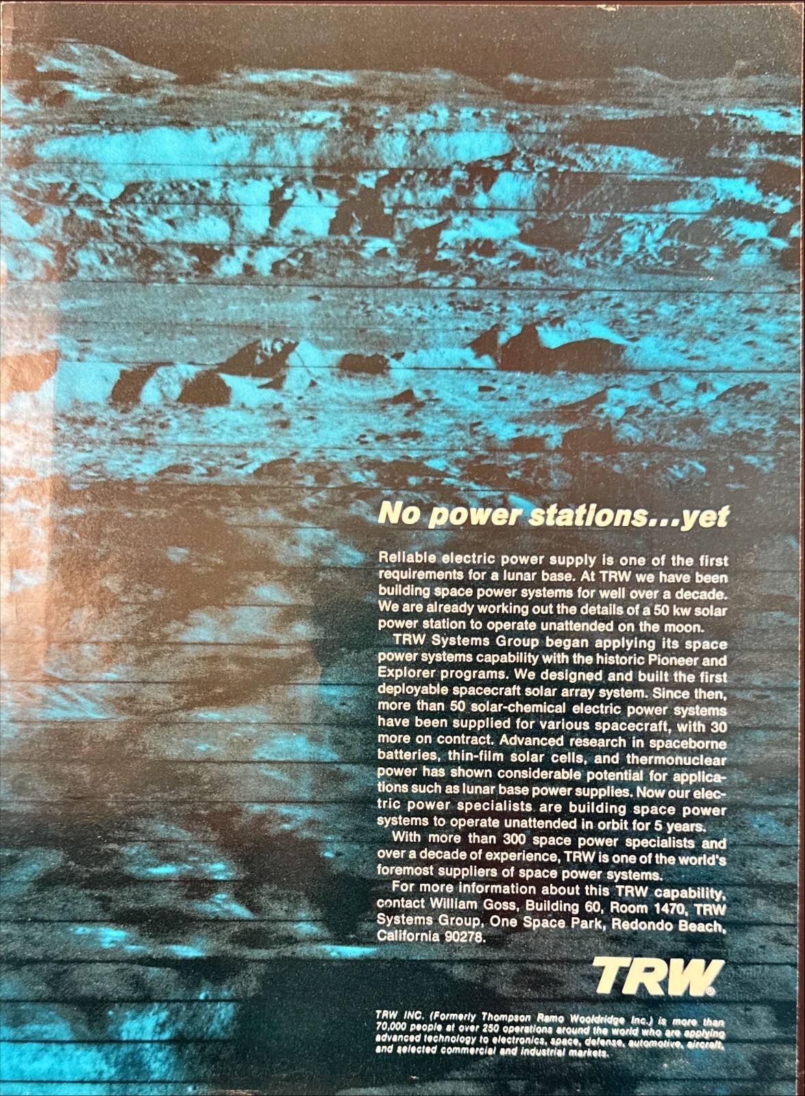 TRW Systems Group Space Power Lunar Base Vtg Print Ad 1968