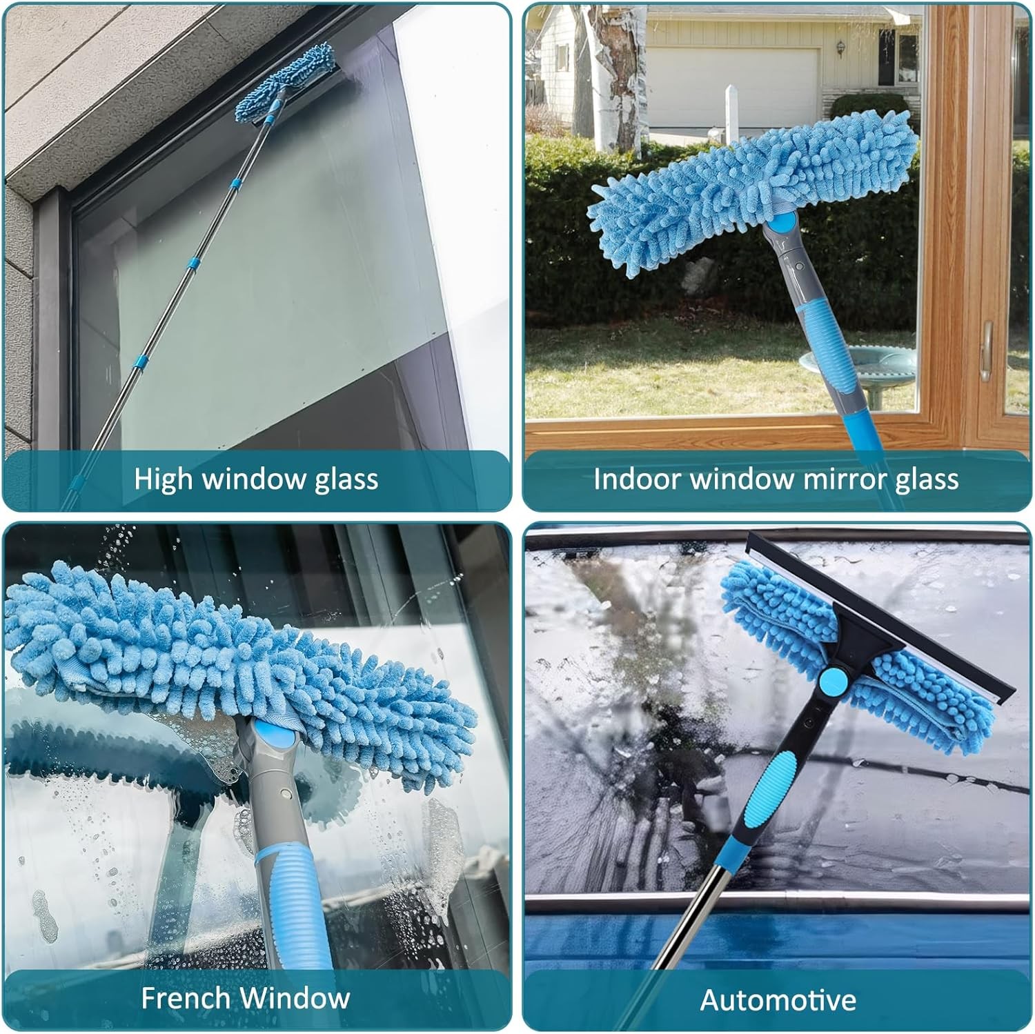 20ft Reach Extendable Window Washing Squeegee & Duster 2 in 1 Cleaning Tool