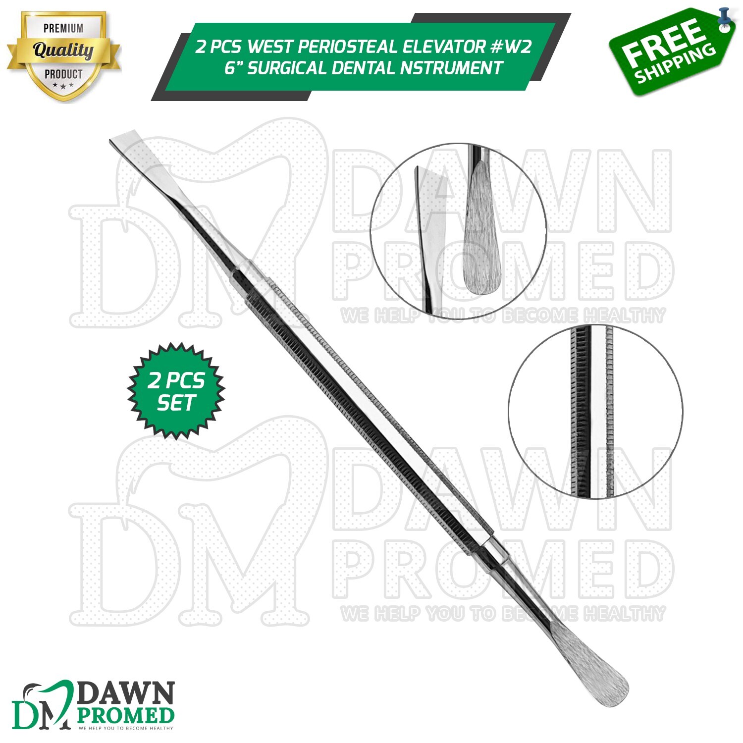 2 Pcs West Periosteal Elevator #W2 Double Ended 6" Surgical Dental Instrument
