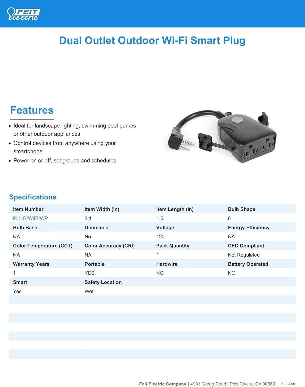 Title 1: Feit Electric Smart Outdoor WiFi Plug 3-Pack - Waterproof 2-Outlet Blac