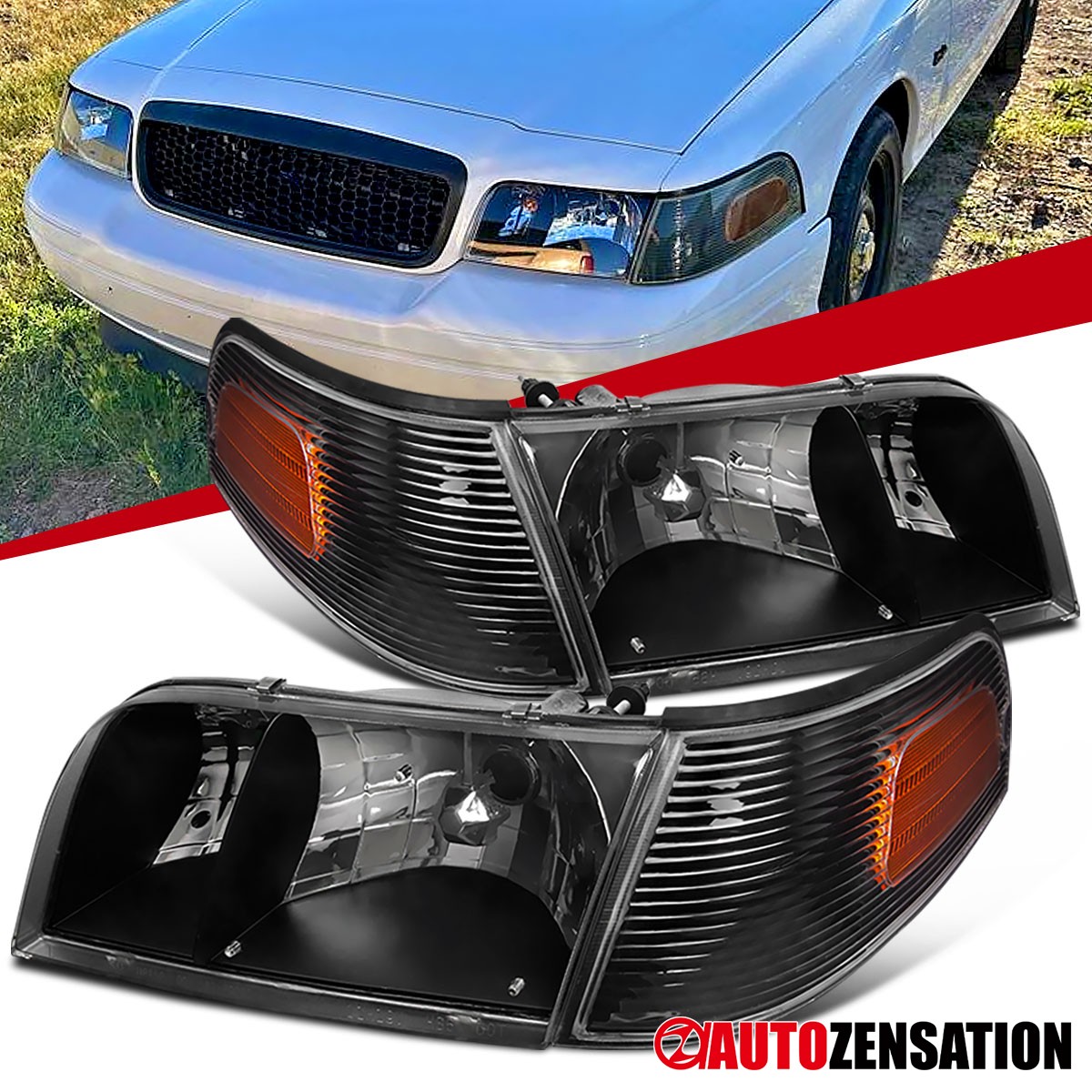 Fit 1998-2011 Ford Crown Victoria Black Headlights+Corner Signal Lamp Left+Right