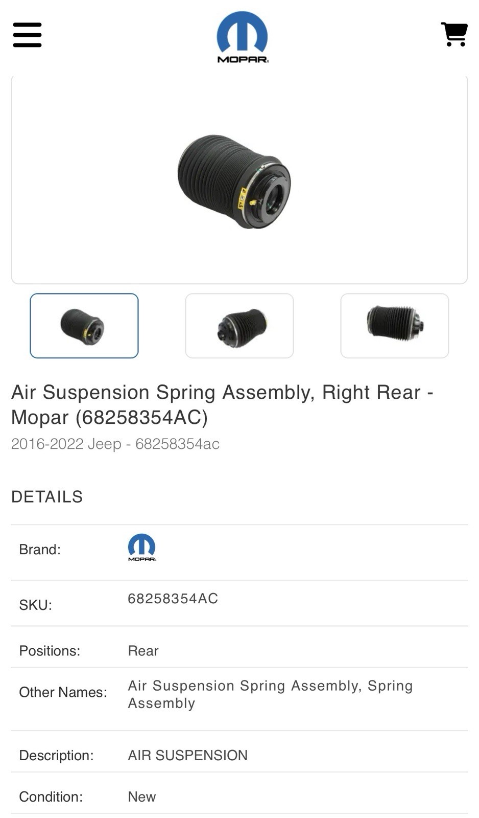 NEW Genuine Mopar 68258354AC Right Rear Air Suspension Spring Jeep