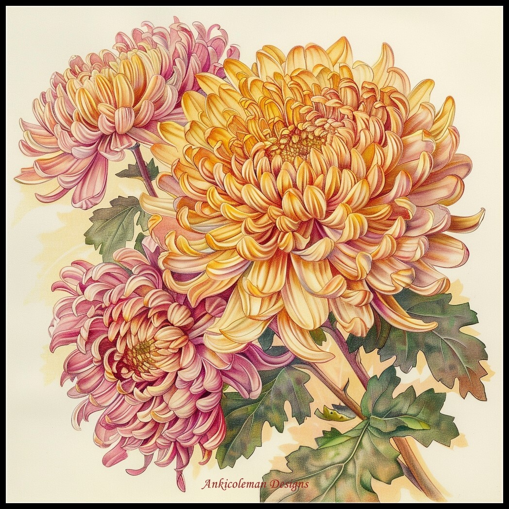 Yellow and Pink Chrysanthemums Chart Counted Cross Stitch Patterns Needlework