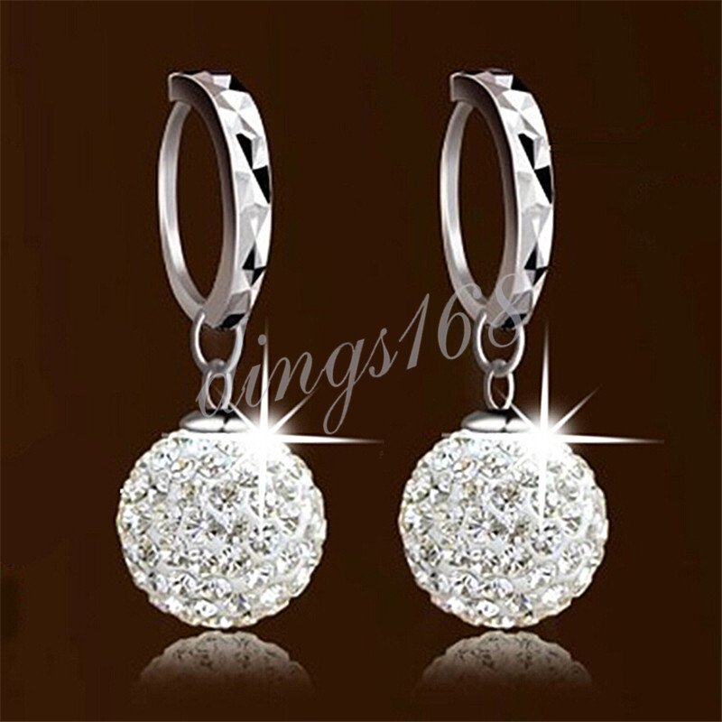 Classic Solid 925 Sterling Silver Crystal Disco Ball Hoop Dangle Earrings Y1046