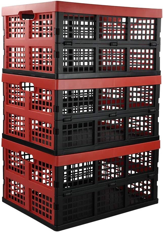 34 Quart Collapsible Storage Bins, Stackable Milk Crate, 3 Packs black, red