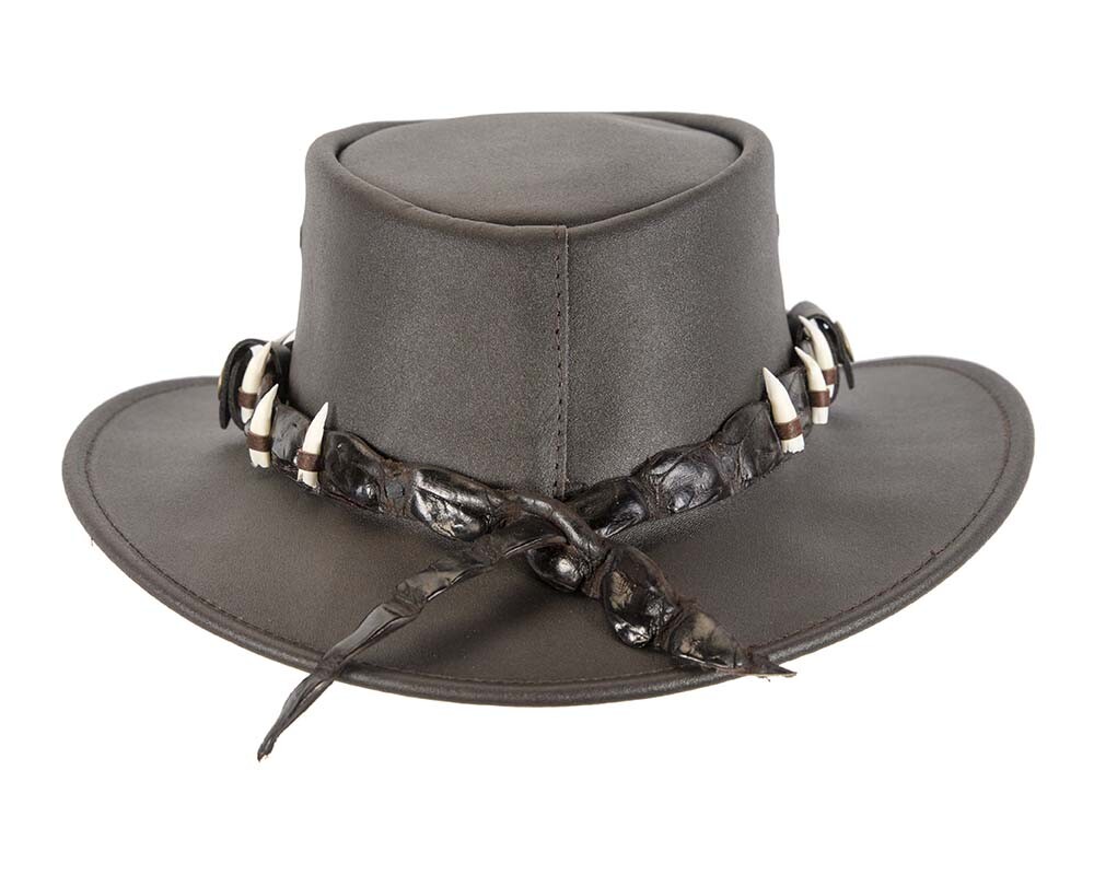 Brown Australian Jacaru Outback Leather Hat 15 Crocodile Teeth Crocodile Dundee