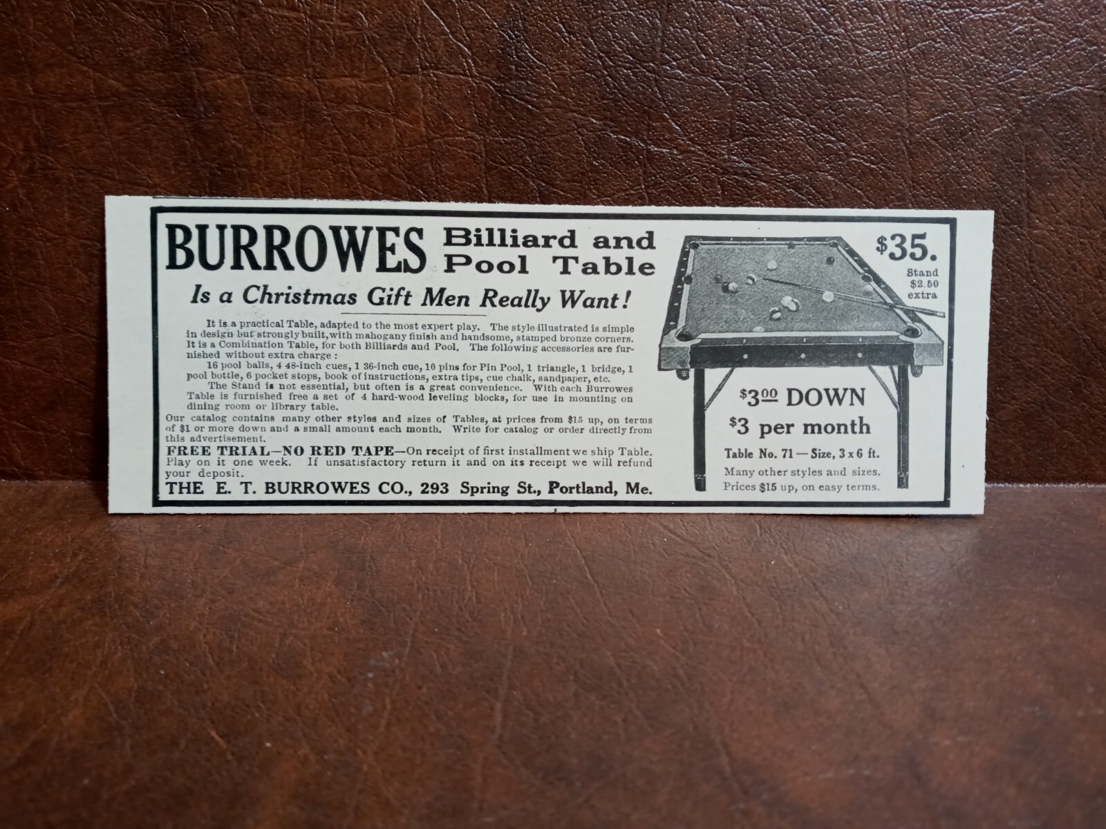 Antique 1900's Burrows Billard and Pool Table -  1912 Art Print AD