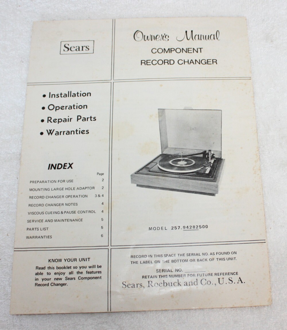 Sears Roebuck Model 257.94282500 Record Changer Owners Manual ~ 6 Page Fold-Out