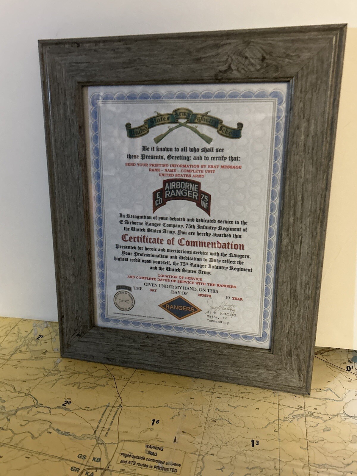U.S. ARMY RANGER - E CO / 75 INFANTRY COMMENDATION CERTIFICATE (COMMEMORATIVE)