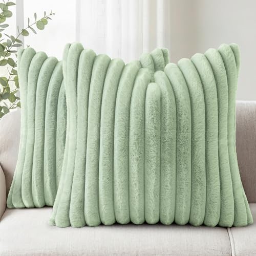 Faux Fur Couch Throw Pillow Covers 20x20 Set 20" x 20" (Pack of 2) Sage Green