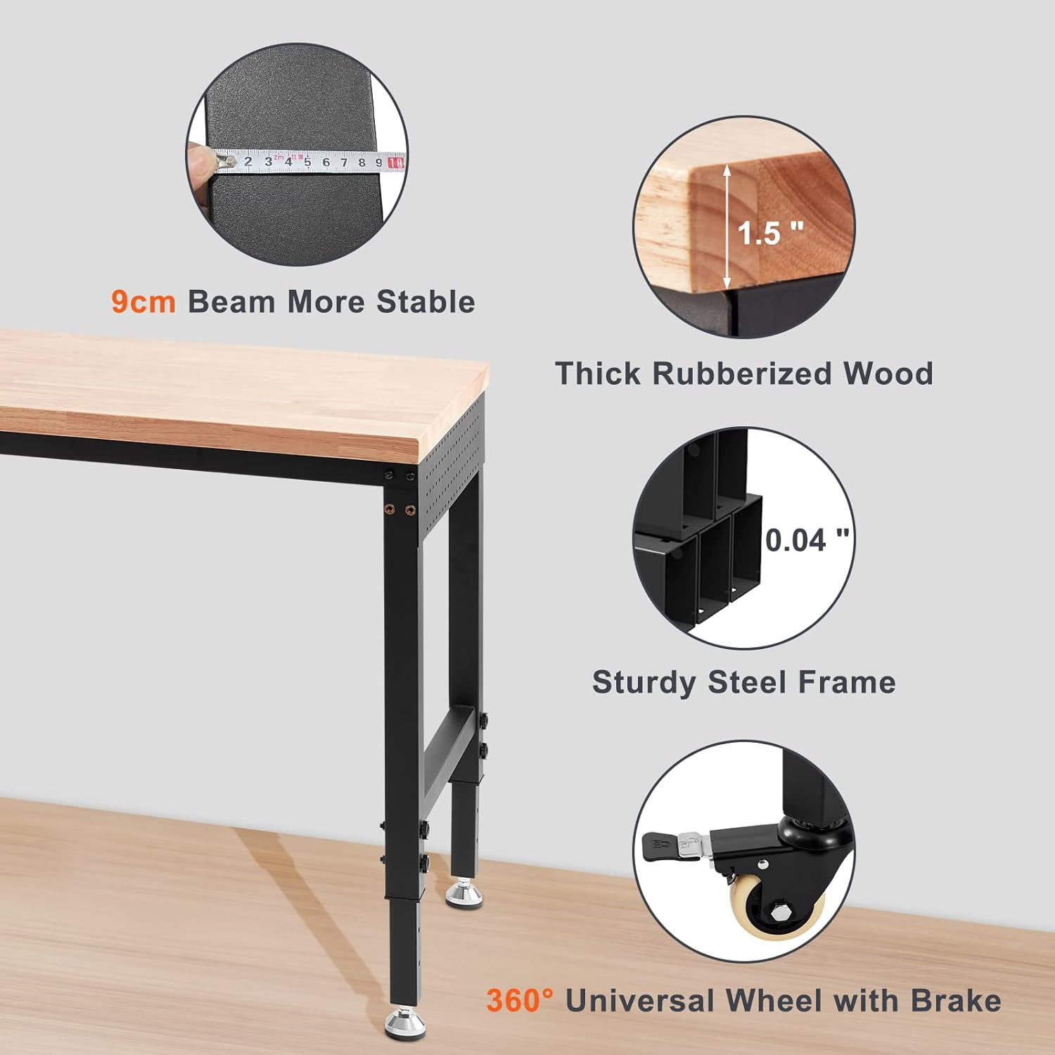 Workbench for Garage 72" Adjustable Workbench, Heavy-Duty Hardwood Worktable wit