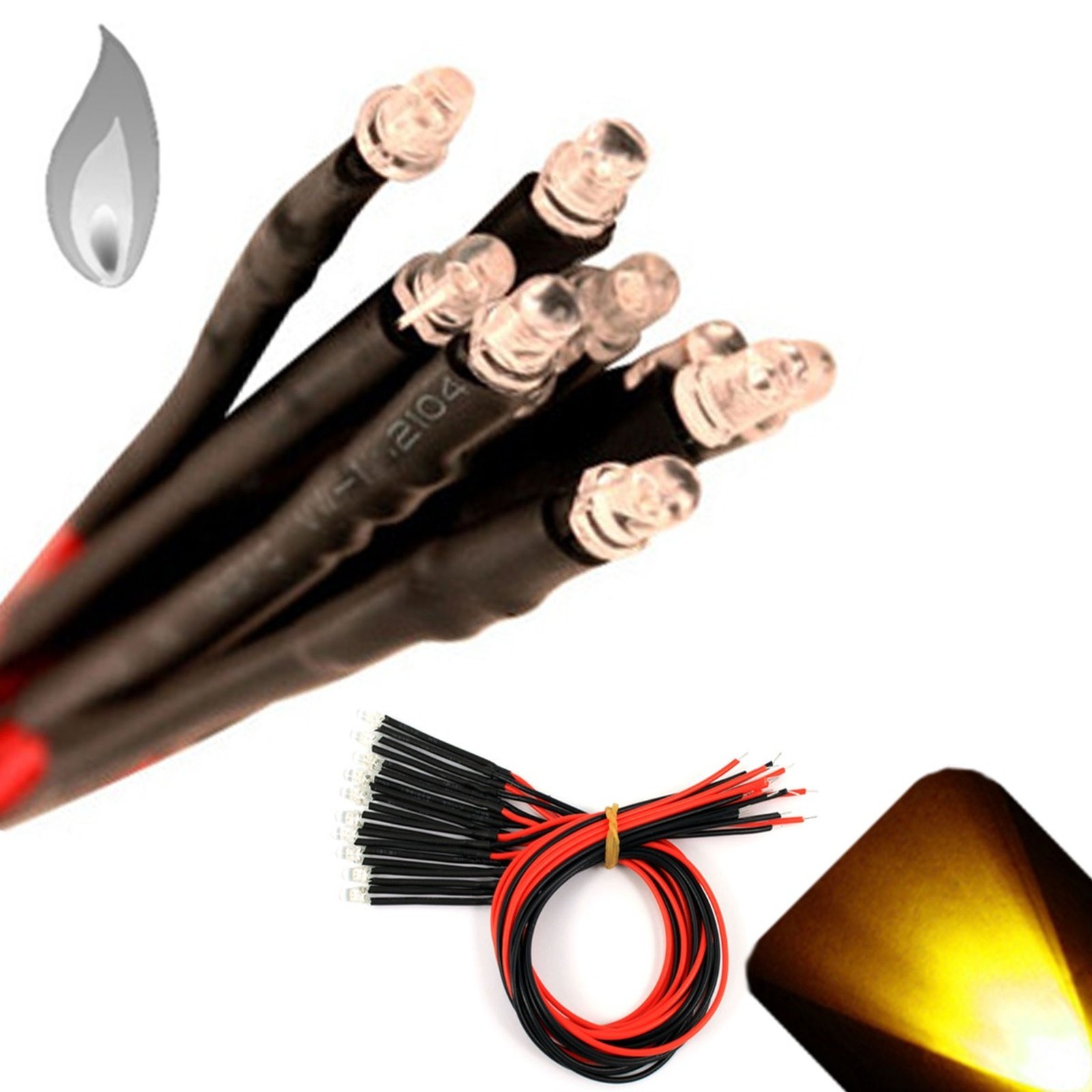 10 x 12v 3mm Pre Wired Flickering Yellow LED Candle Flicker Prewired