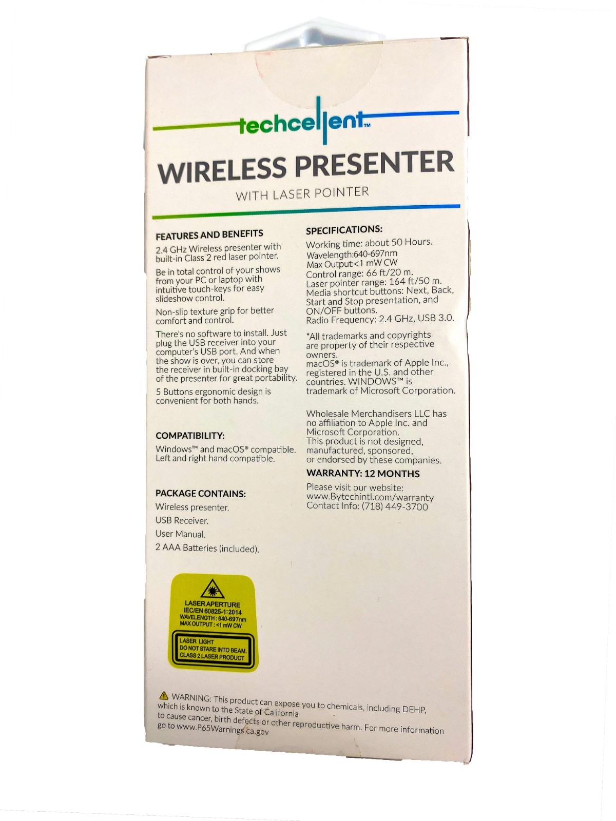 Techcellent Universal Wireless Presenter With Laser Pointer 164FT/50Hr/2.4 GHZ
