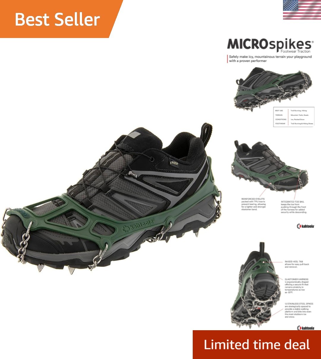 Microspikes for Winter Hiking - Lightweight, Flexible Fit, Forest Green