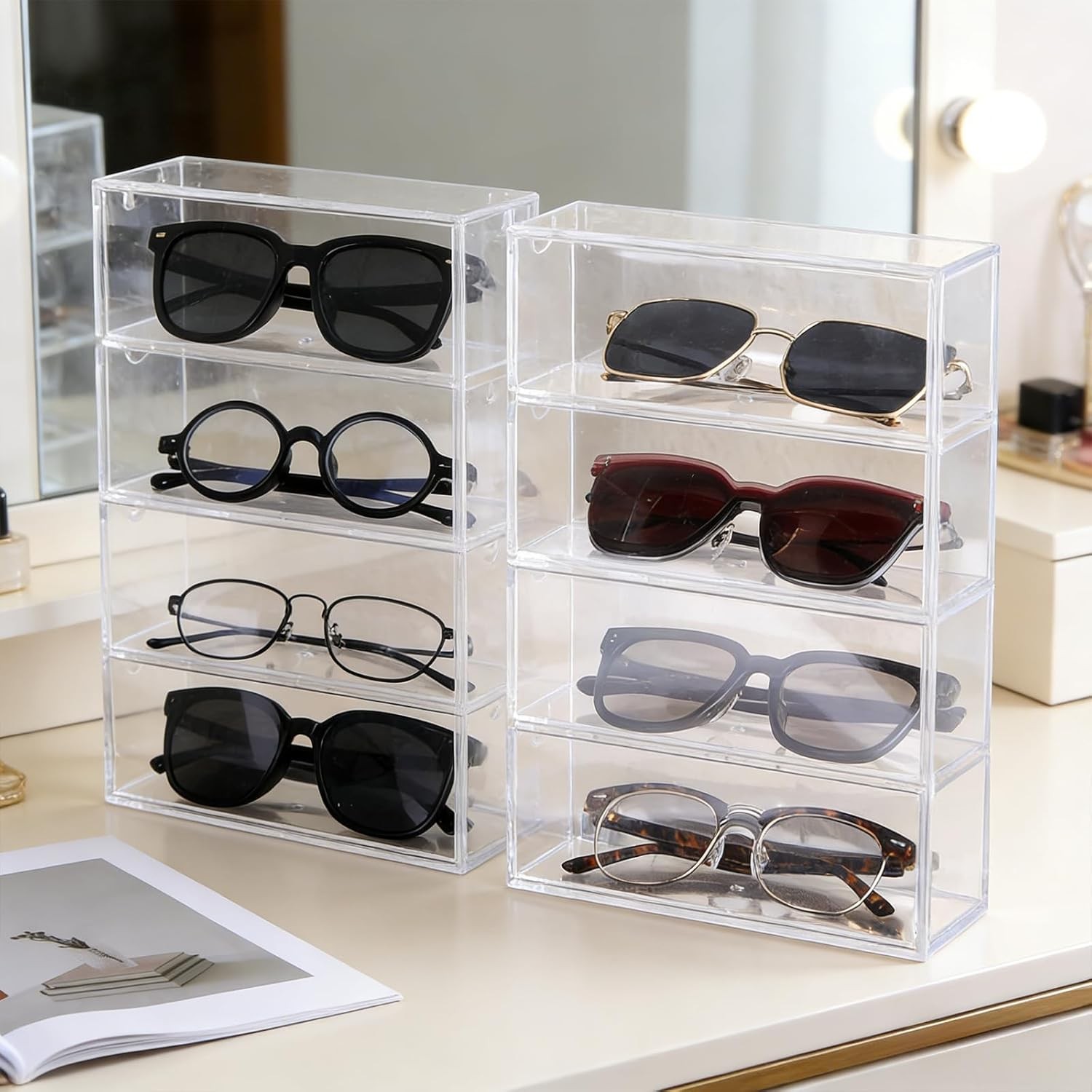 2PCS Clear Acrylic Sunglasses Organizer Plastic Stackable Eyeglass Case Storage