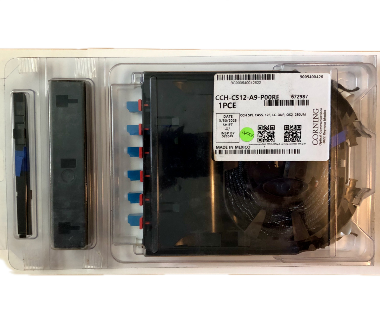 Corning CCH-CS12-A9-P00RE Pigtailed Splice Cassette 12F LC Duplex SM OS2 UPC New