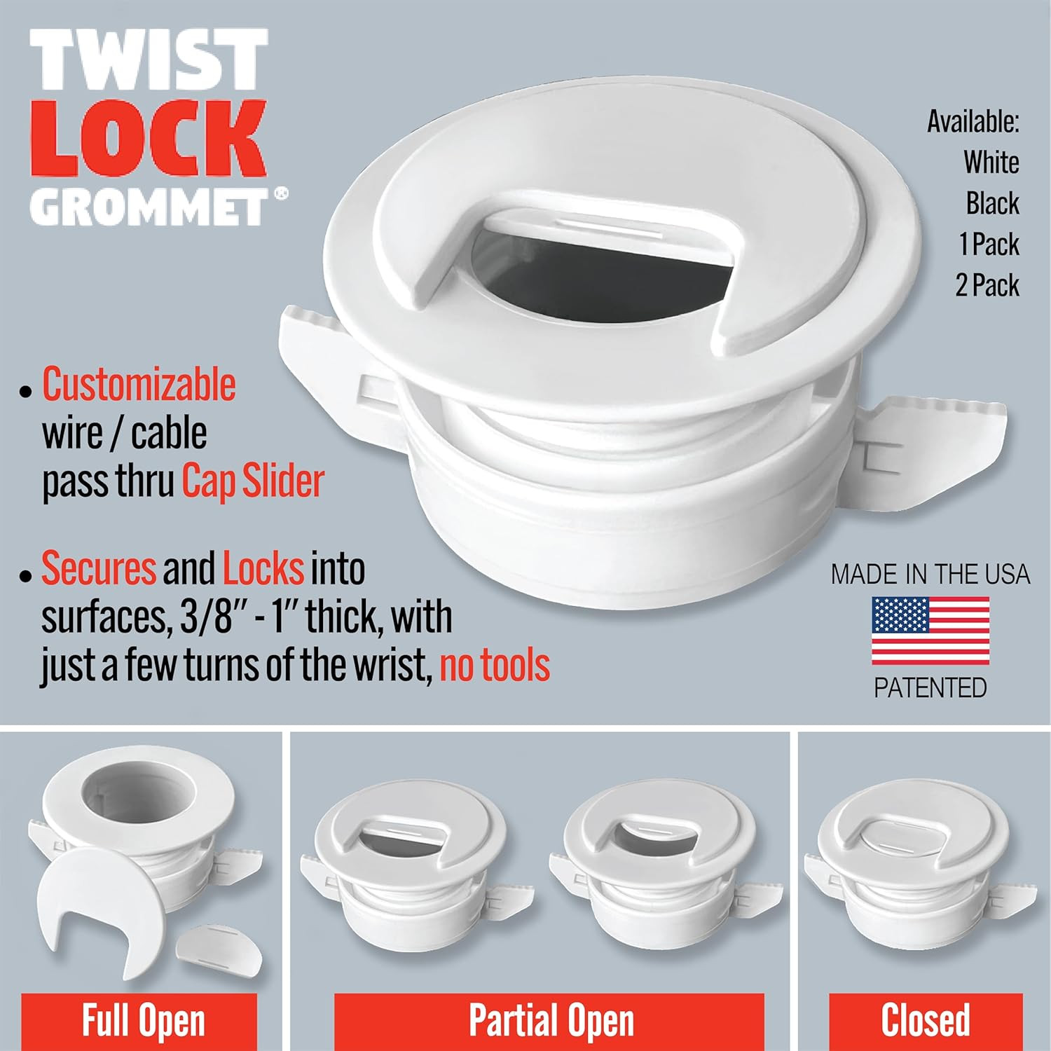 1PK White Patented: Only Cable, Wire, Cord Management, Tool-Free Self-Securing/L