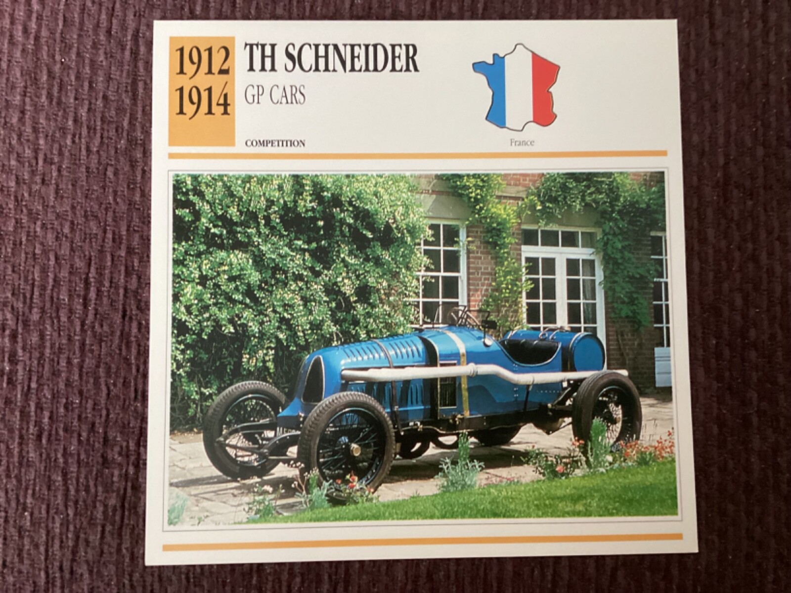 TH Schneider GP Cars,   1912-14,    Competition Car, France,  Collectors Card