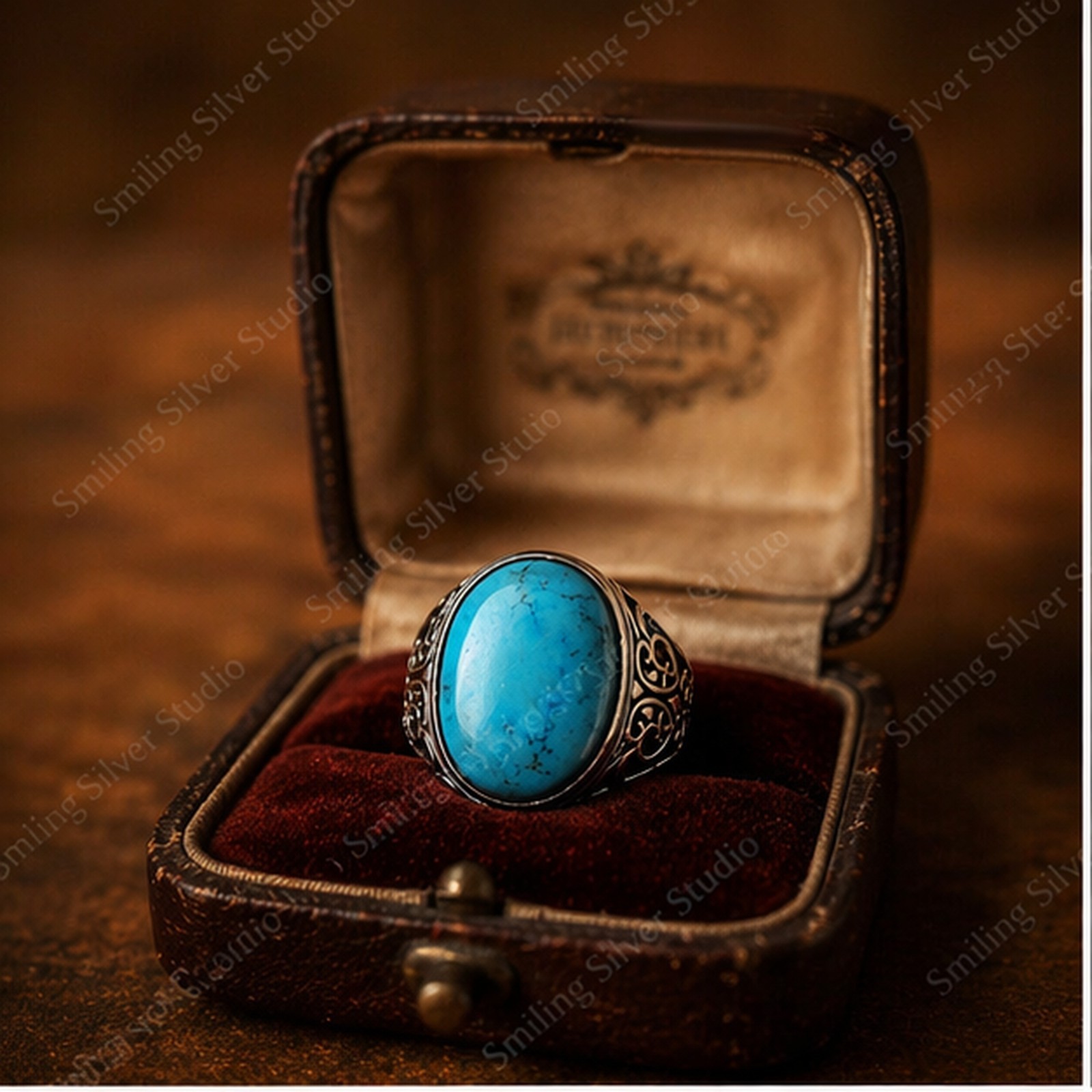 Vintage Men’s Sterling Silver Turquoise Ring Oval Cabochon Filigree Band Size 7