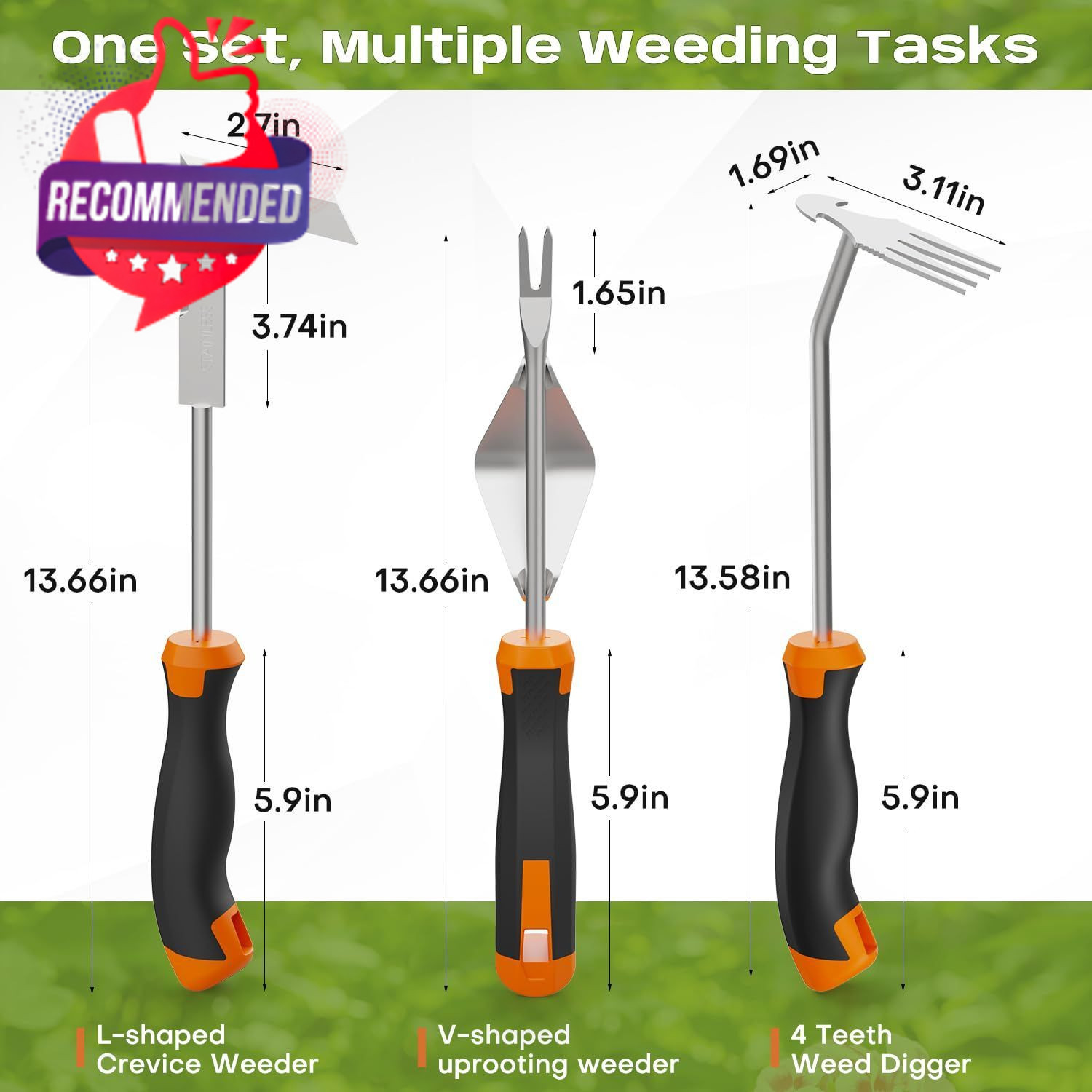Weed Puller Tool 3 Pack Manual Root Remover Garden Lawn Weeding Black Orange