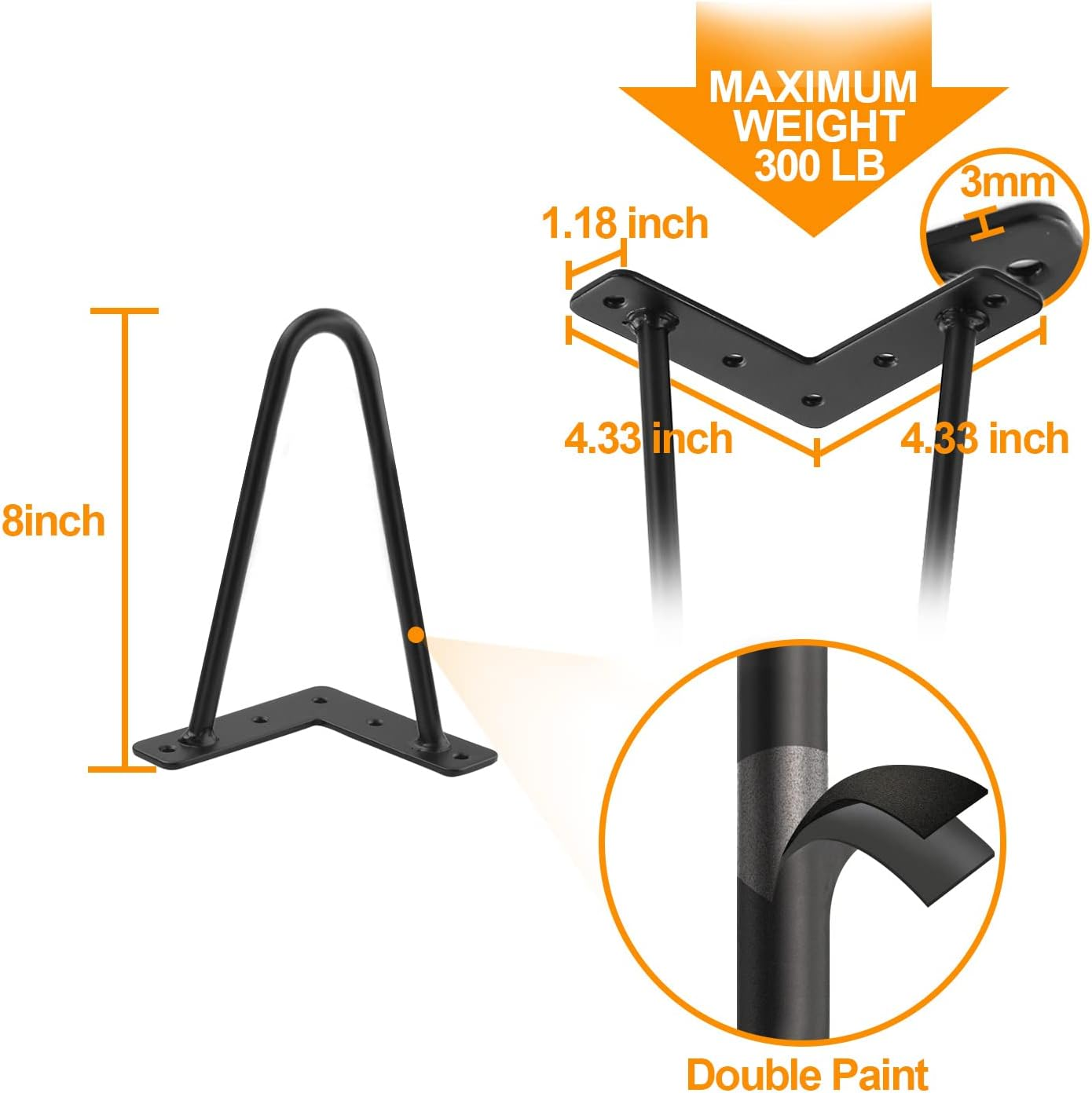 8 Inch Hairpin Legs for Furniture Set of 4, Heavy Duty Industrial Metal Table Le