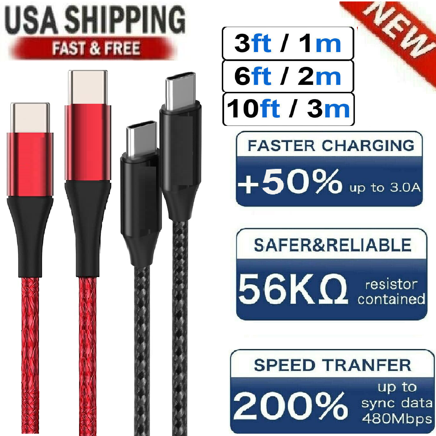 3 Pack USB-C to USB-C Cable Type-C Cable Cord Fast Charger Charging Data Sync