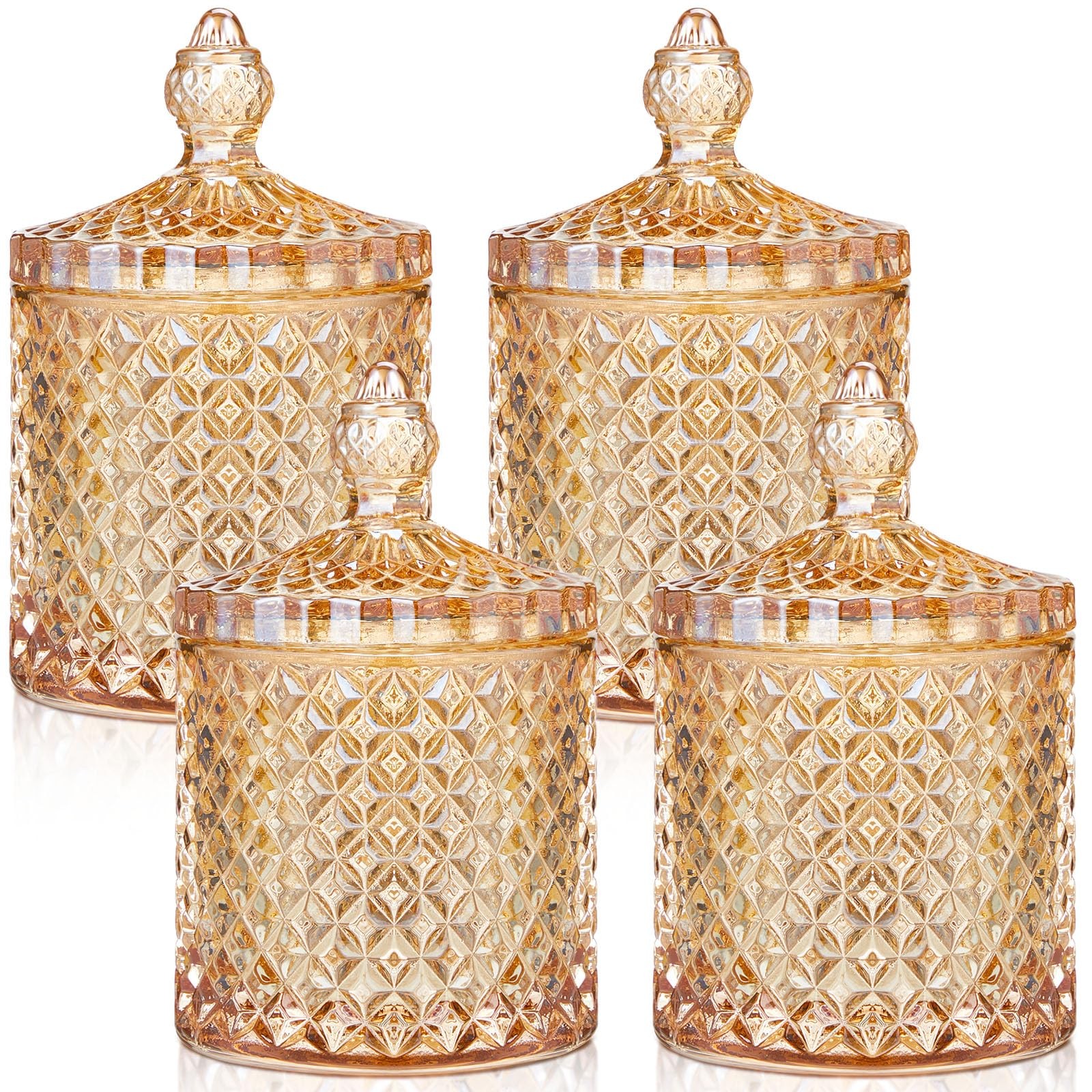 Aoriher 4 Pcs Crystal Glass Candy Jar Set with Lids Home Large, Amber