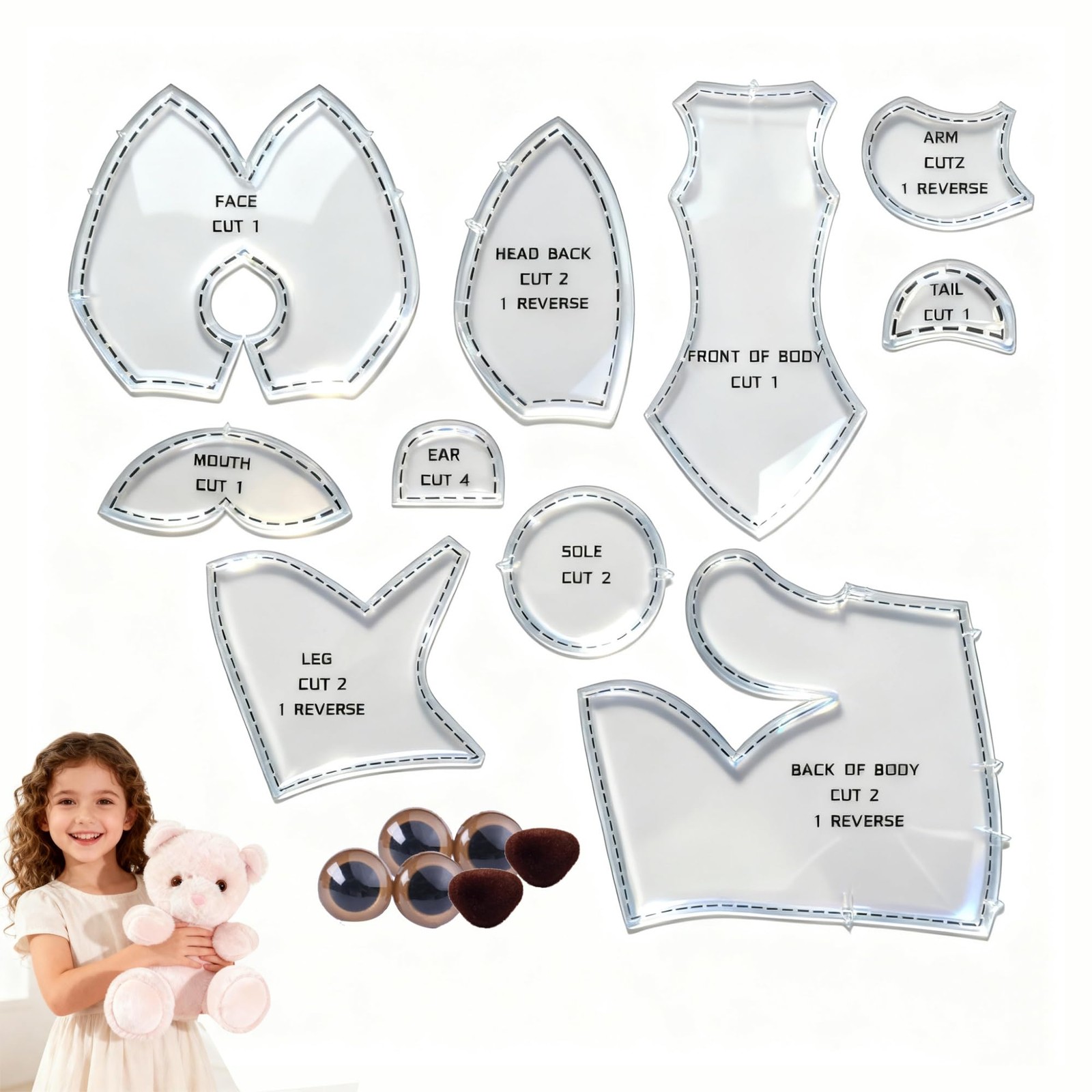 10 Inch Memory Bear Quilting Templates & Sewing Patterns - 10in, One Color