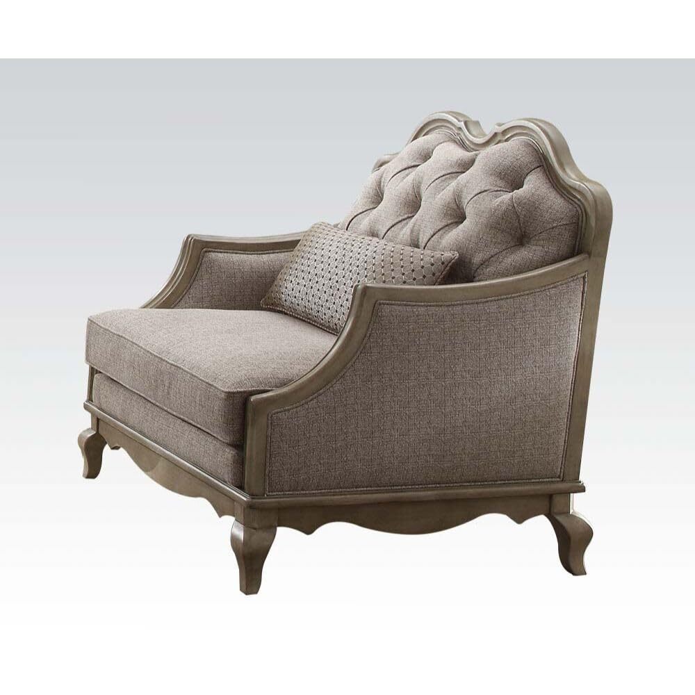 38 Beige And Taupe Fabric Tufted Chair and a Half And Toss Pillow