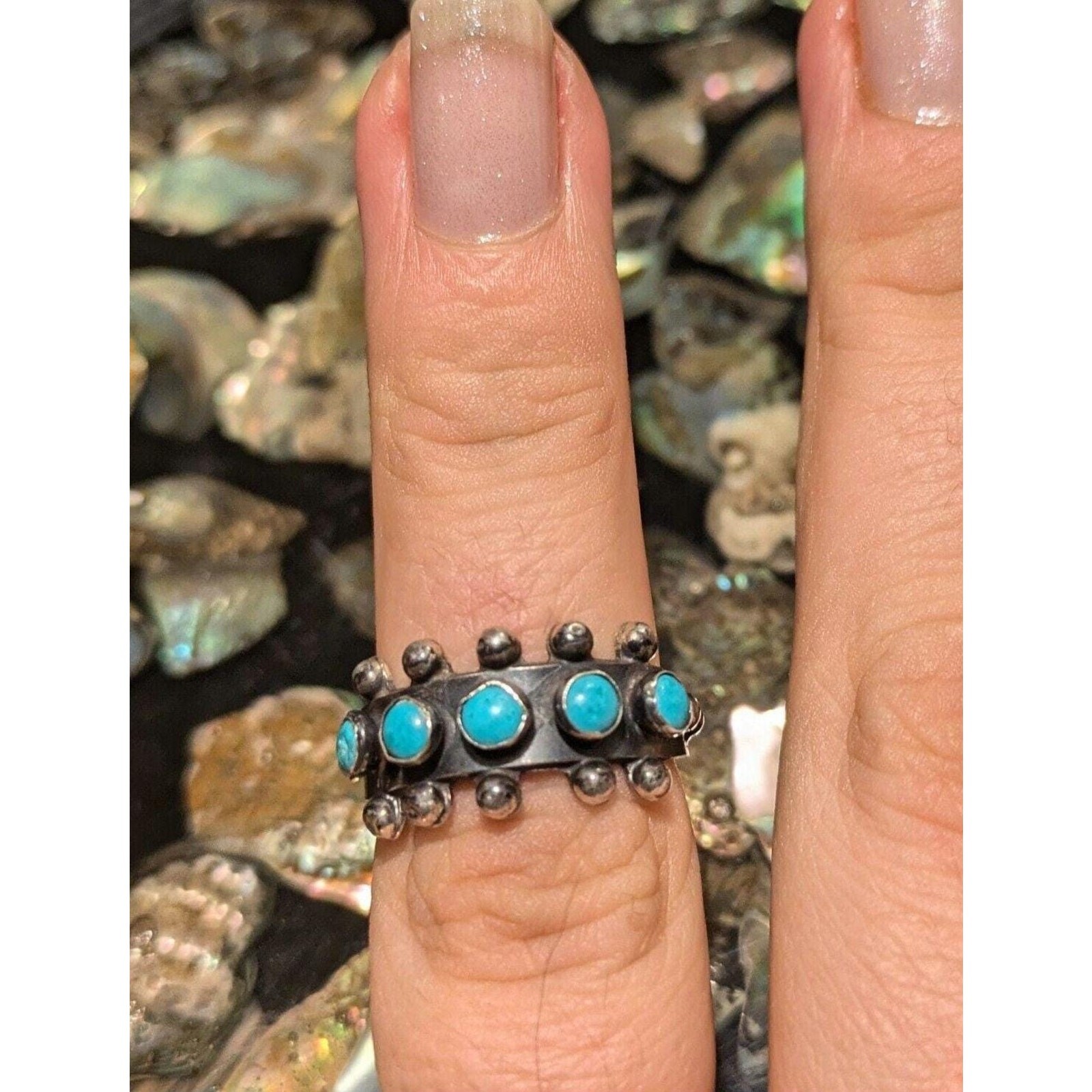 Vintage Sterling Turquoise Snake Eye Row Ring 1970's Size 7
