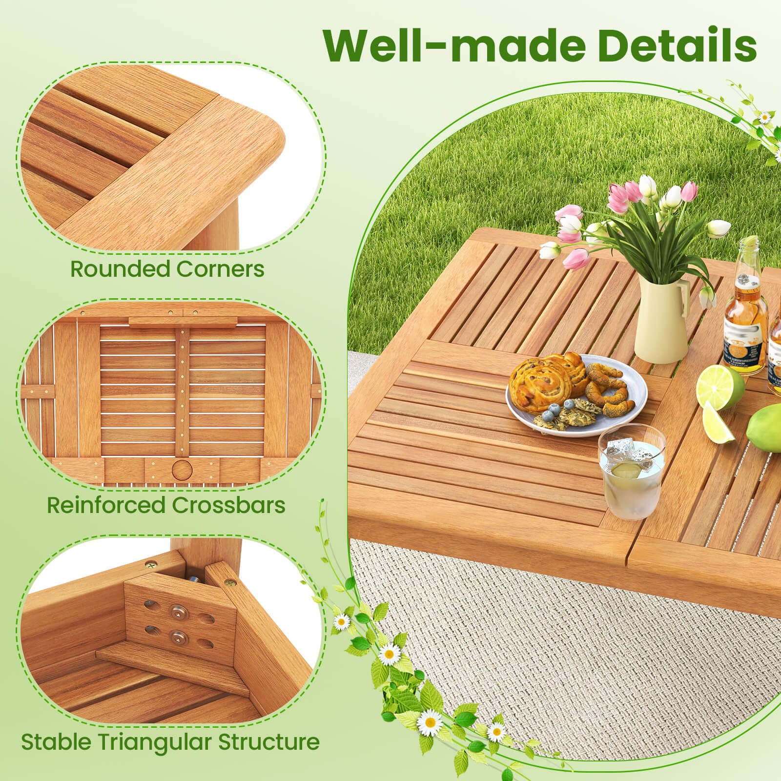7 PCS Patio Acacia Wood Dining Set w/ Soft Seat Cushions Umbrella Hole Outdoor