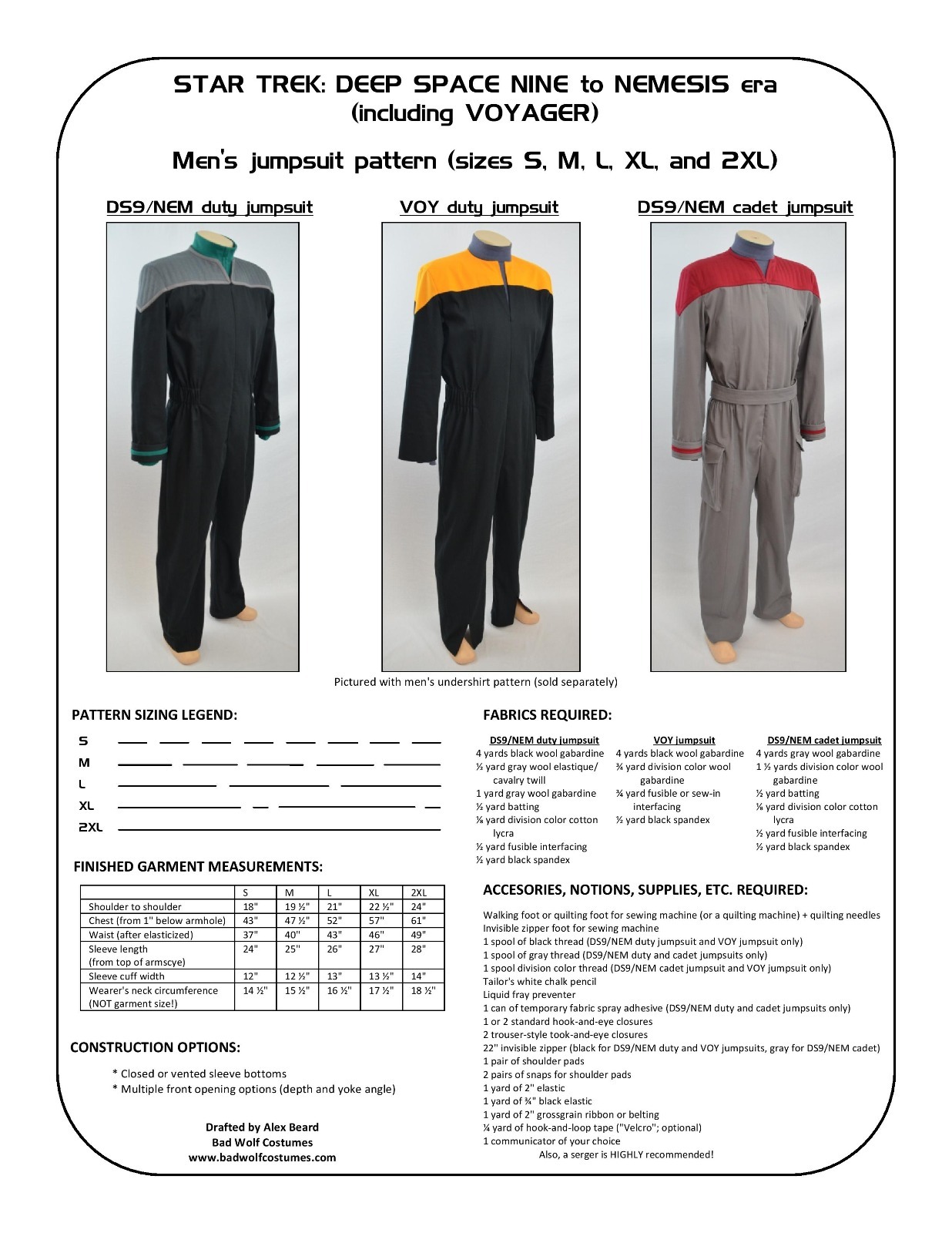 Star Trek Sewing Pattern - Starfleet uniform jumpsuit - DS9, Voyager (men's)