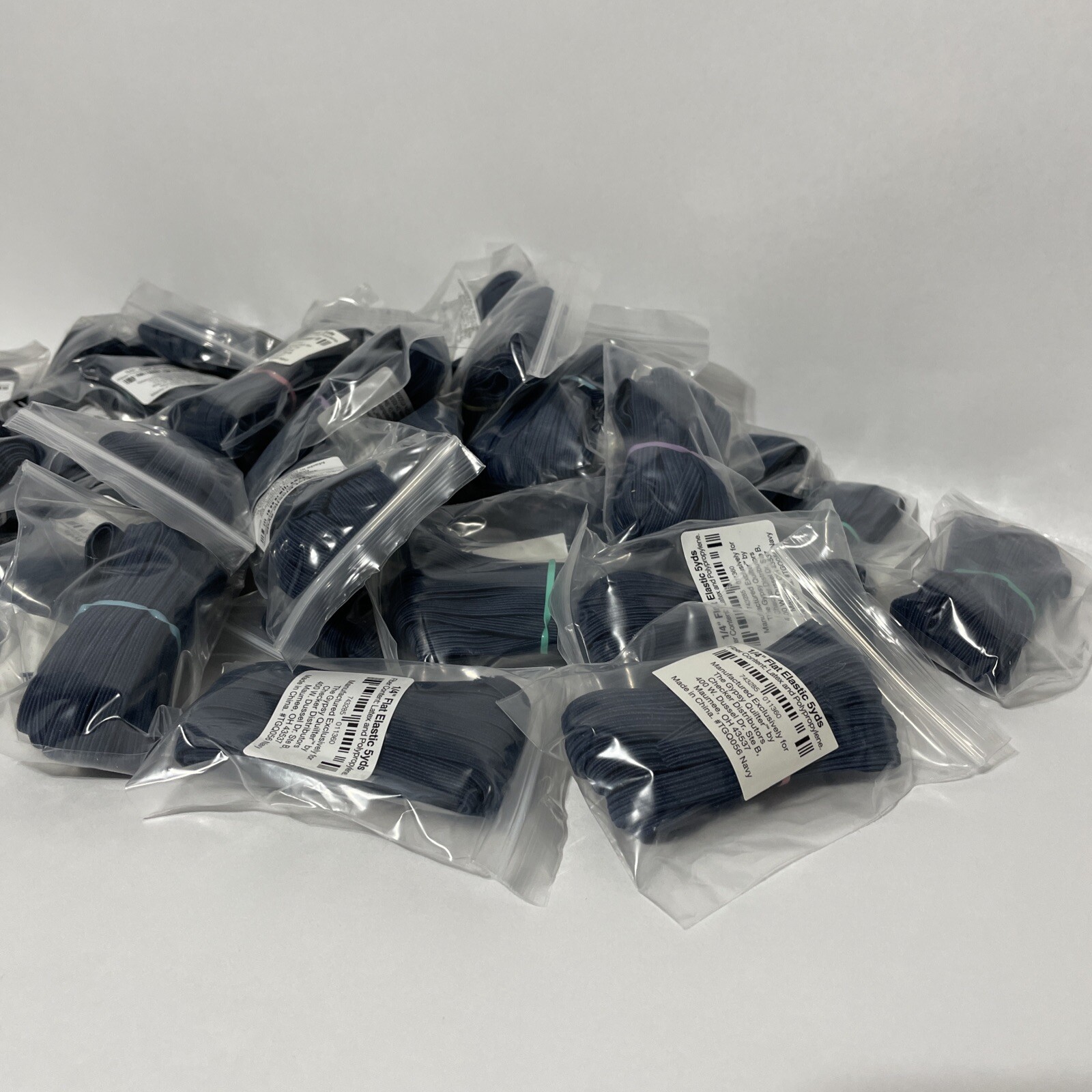 Lot of 38 Flat 1/4 Inch Elastic Bands, 5 Yards Each, TGQ056, Navy Color