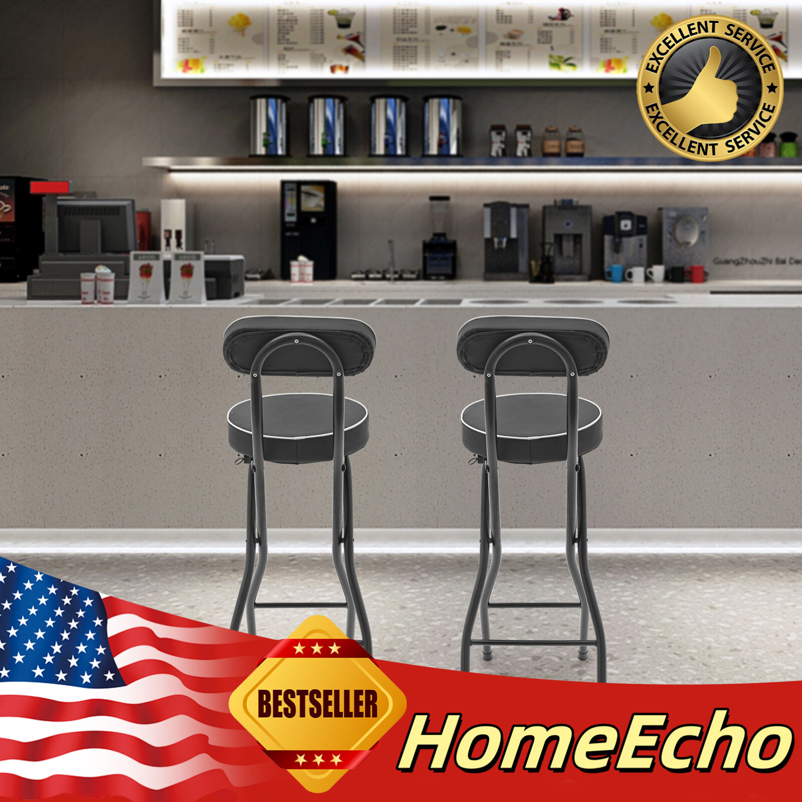 2pcs Black Counter Stool Bar Stool Portable Folding Kitchen Dining Chair
