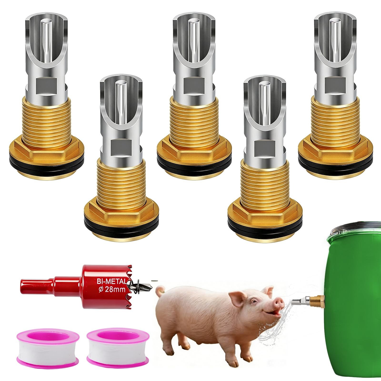 Pig Water Nipple, 5PCS Pig Nipple Waterer for Barrel Kit with Filter, Automatic