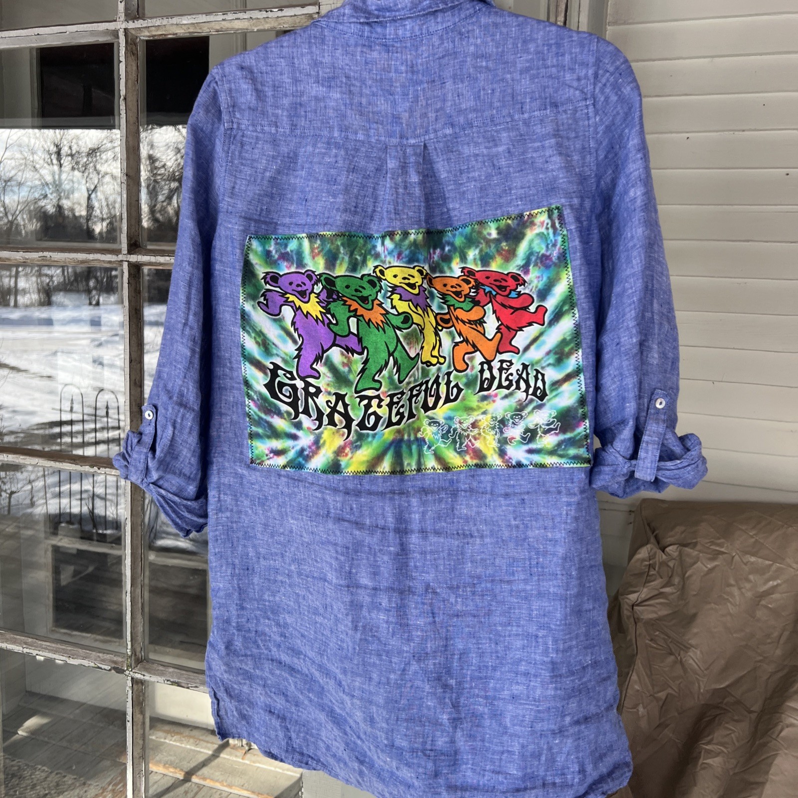 Heyhey Shirt Grateful Dead Blue Linen Medium Small Up Cycled Bear Tie Dye OOAK