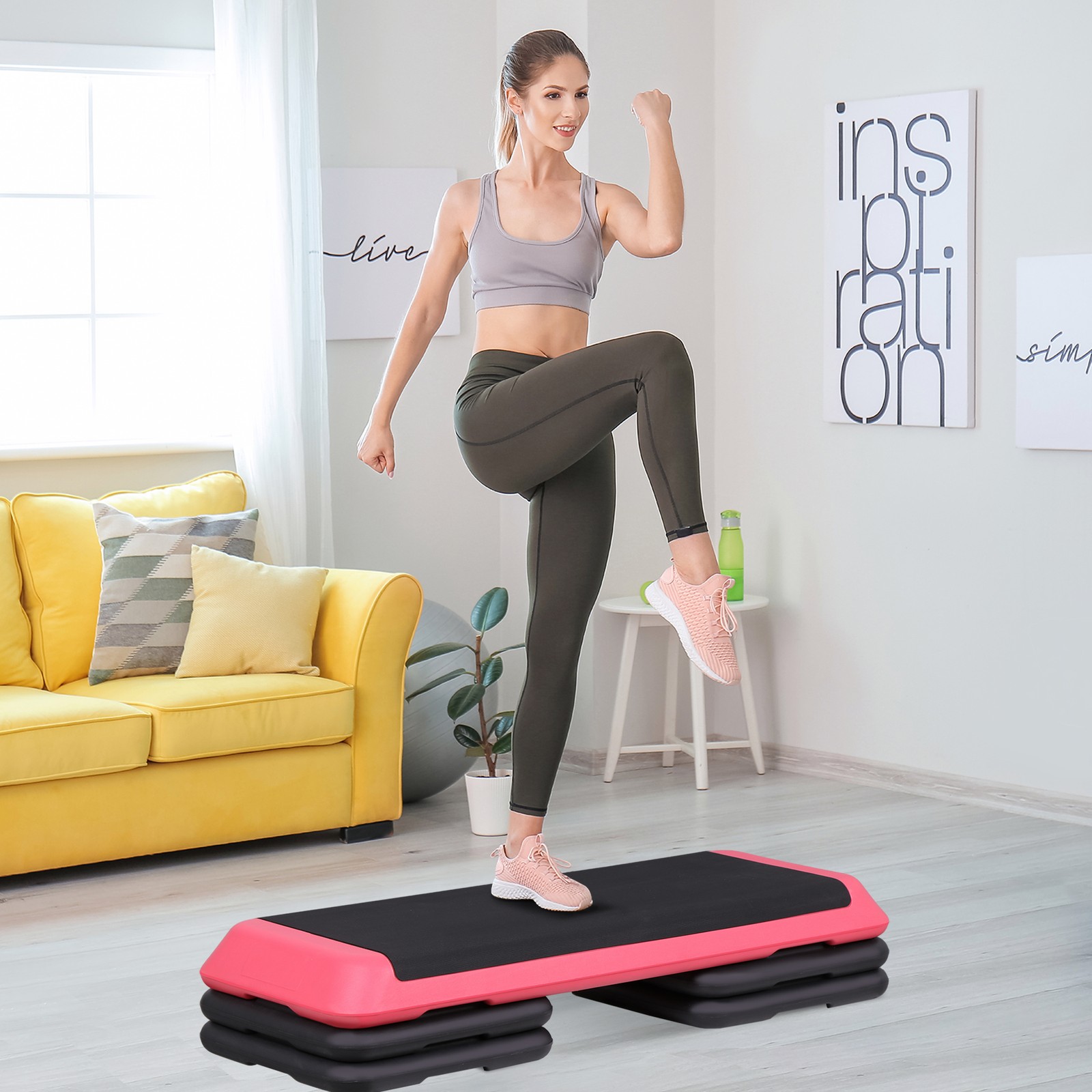 43 Inch Training Exercise Aerobic Stepper Step Platform Workout with Risers Pink
