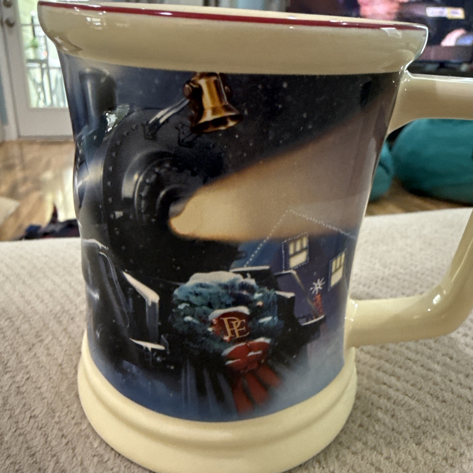 Warner Bros Polar Express Ceramic Coffee Mug Embossed Ticket Version Red Rim