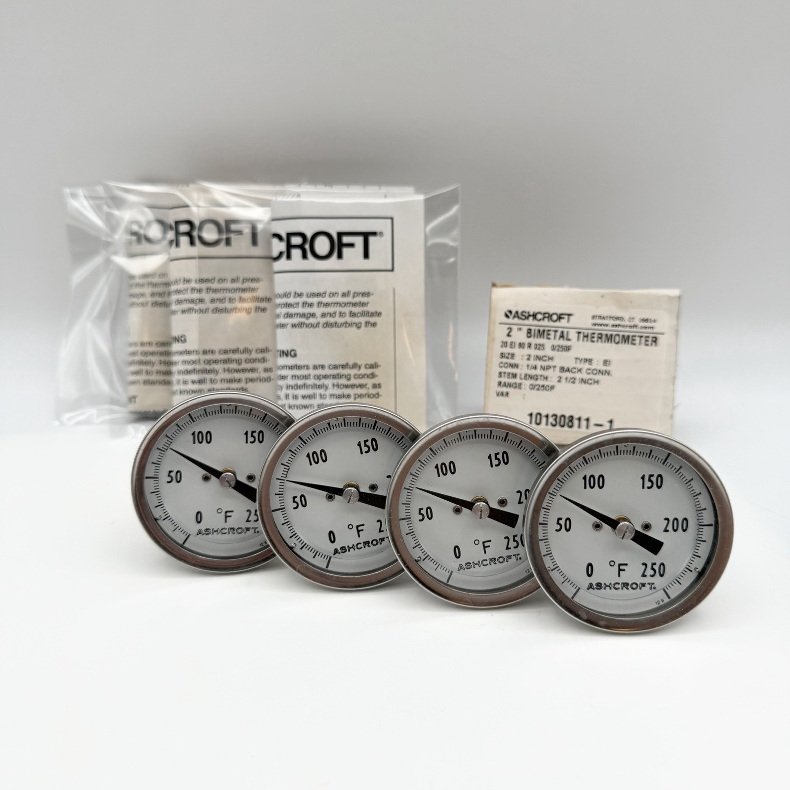 Ashcroft 20EI60R025 2in Bimetal Thermometer 0-250F 1/4 NPT Rear 2.5in Stem x4