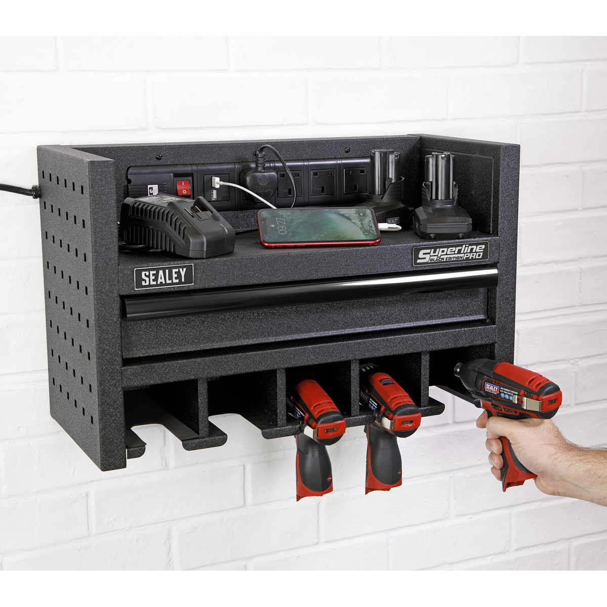 Sealey Superline PRO� Power Tool Storage Rack with Drawer & Power Strip AP22SRBE