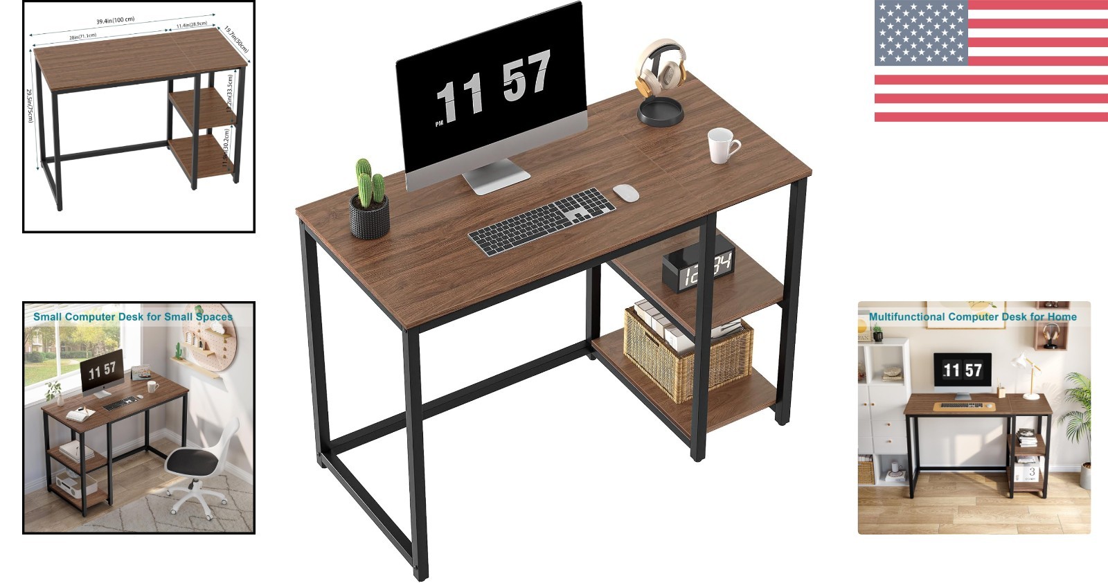 Rustic 40" Writing Desk with Portable 2-Tier Storage for Easy Organization