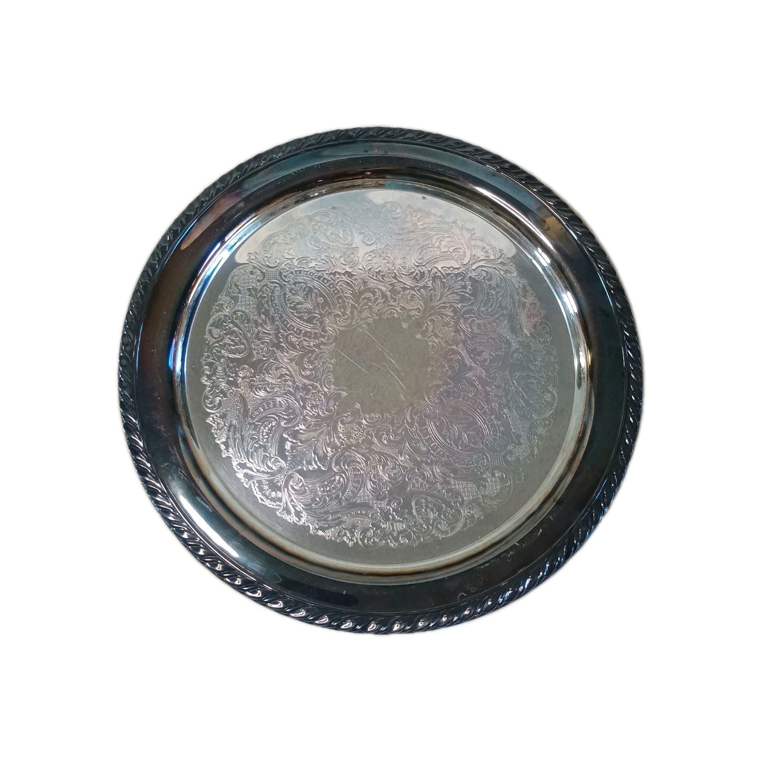 Vintage Oneida Silver Plated 12" Round Serving Tray Etched Center w/ Rope Motif