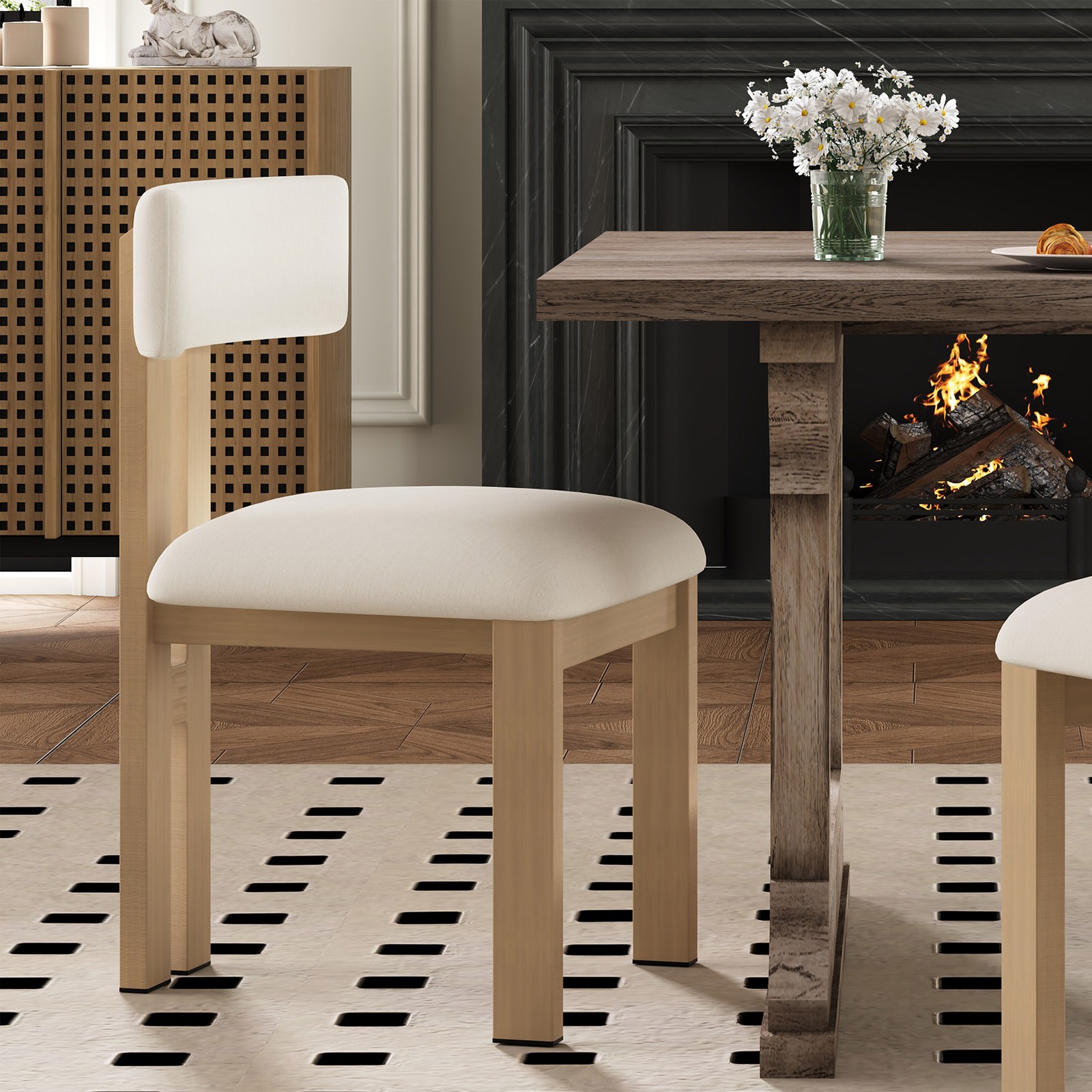 Set of 2 Upholstered Armless Dining Chairs Modern Beige Fabric Metal Legs